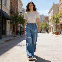 Celana Jeans Wanita Katun Bernapas Pinggang Tinggi Model Kaki Lebar Sobek Vintage Sand Washed Longgar Lurus Denim Kasual Harian ODM Berlubang