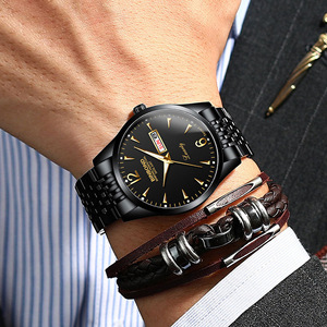 Binbond Men's Quartz Watch Black Gold Dial Date Week Display Stainless Steel Band 7mm Ultra Thin Water Resistant Analog Watch - Product Image 3