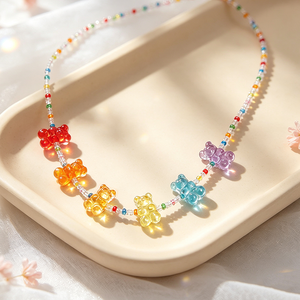 <b>Candy</b> Color Handmade Beaded Choker <b>Necklace</b> Cute Gummy Bear Pendant <b>Necklace</b> For Girls - Product Image 1