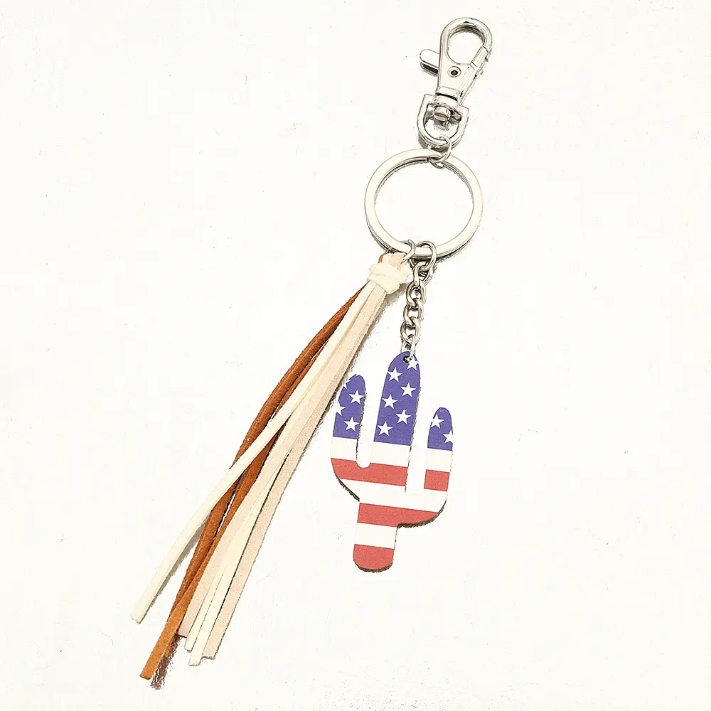 Sublimation wholesale flag pu vintage round metal and leather square keychain with tassel custom key chains blanks