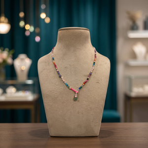 Sstringz Multicolor Crystal Beaded Y <b>Necklace</b> with <b>Pink</b> Cord Accent, Green Drop Charm and Handmade Boho Fashion Jewelry - Product Image 5