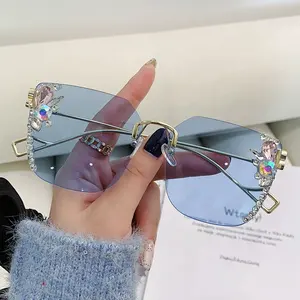Lek – lunettes de soleil rondes sans monture, verres dégradés avec diamant, pour femmes, nouvel arrivage 2022