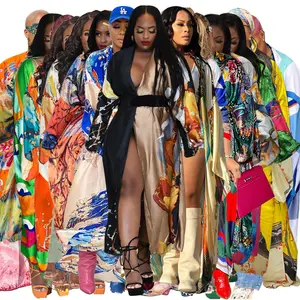 Yeni gelenler afrika baskılı ipek saten elbiseler güz moda kadınlar uzun kollu hırka Kimono ücretsiz boyutu giysileri