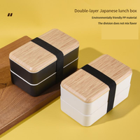 Ensemble de boîte à lunch tropicale isolée au micro-ondes de grande capacité à double couche de style japonais comprenant un bento en plastique de conservation de la fraîcheur en bois