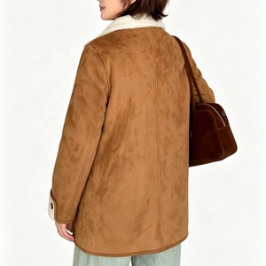 Zeyu Women Camel Faux Suede Shearling <strong>Coat</strong> Mid-Length Button Down Winter Warm Fleece Lined Jacket with Detachable Mitten Cuffs - Product Image 4