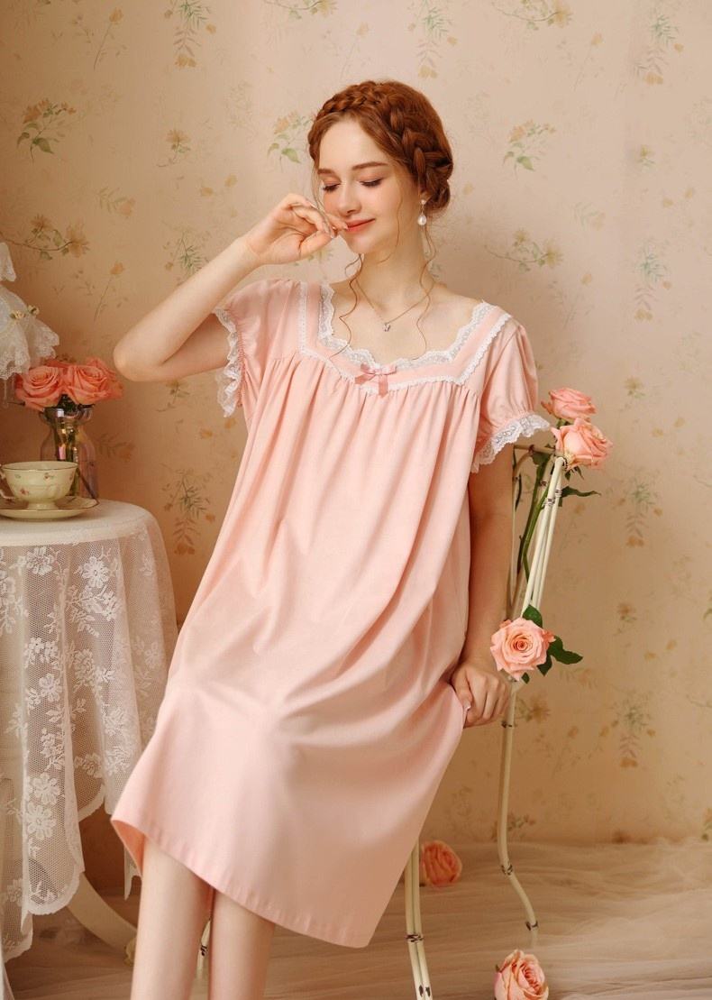 Summer Vintage Short Sleeves Cotton Nightgowns Soft Breathable Night Dress  Sleepwear for Women