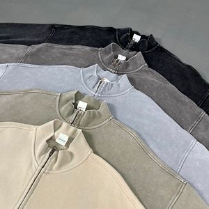 Sudadera con cremallera para hombre, estilo vintage, lavado ácido, lisa, con logo personalizado, oversize, de tejido grueso, cuello alto, estilo streetwear, OEM TKAN9130 - Product Image 3