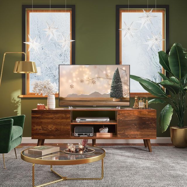 Mid Century Modern TV Cabinet Entertainment Center with Storage Solid Wood Legs for Home in Living Room & Bedroom