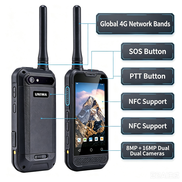 4.02 Inch IP68 MIL-Grade Rugged Phone Android 14 4GB 64GB 450MHz External Antenna PTT Button 3900mAh NFC GPS GLONASS
