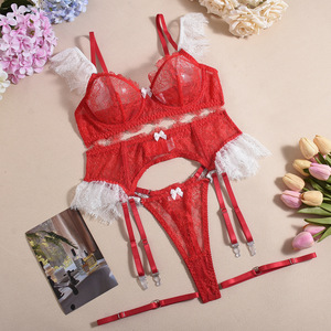ชุดชั้นในเซ็กซี่แบบซีทรู 4 ชิ้น สำหรับผู้หญิง ประกอบด้วย บราลูกไม้ จีสตริง โบว์ผูก และสายรัดถุงน่อง - Product Image 6