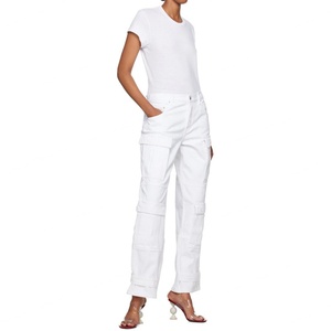 Custom Women 100% Cotton White Cargo Jeans <b>Trousers</b> With Bellows Pockets Straight Leg Jean Pants - Product Image 5