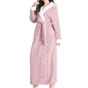 Flannel Hooded Nightgown Warm Winter Pajamas Long Bathrobes Women Sleepwear