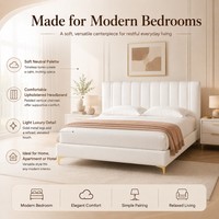 Modern Beyaz Döşemeli Platform Karyola Çerçevesi, Kanal Başlıklı, King/Queen Yatak Odası Mobilyası için