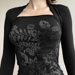 Women's Gothic Floral Print Square Neck <b>Top</b> with Shoulder Bag Fitted <b>Black</b> <b>Long</b>-<b>sleeved</b> Knit <b>Top</b> Y2K Streetwear - Product Image 2