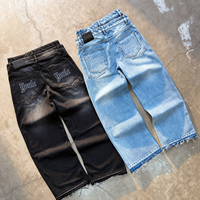 QYOURECLO Jean en denim pour homme, 100% coton, personnalisé, effet vieilli, double taille, délavé, coupe droite ample