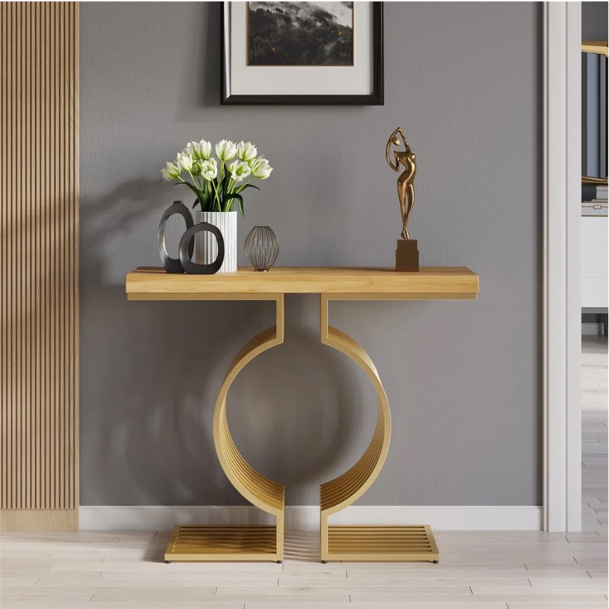 Modern narrow geometric metal base walnut entryway table console table