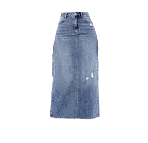 Nouvelle jupe midi en jean décontractée tendance à 5 poches et fente avant / Vente en gros, taille haute, délavage moyen, personnalisable pour femme - Product Image 1