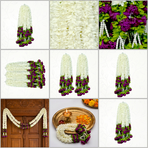 Artificial <b>White</b> Floral Garland with Purple Flower Accents Pearl <b>Hanging</b> Mala for Wedding Festival Temple Decoration - Product Image 6