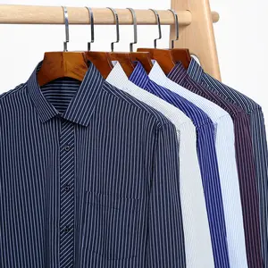 Camicie Retro Garis-garis Warna Polos, Kemeja Pria Putih Lengan Panjang Bisnis Kantor Elastis Formal Santai Warna Polos