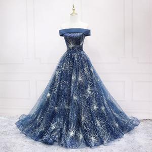 Off The Shoulder Evening Gown Dark Blue Sequins Glitter Full Length Formal Dress For Banquet Fashion Show Performance - Product Image 1