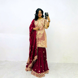Conjunto de Salwar Kameez Tradicional de Seda Bordada, Ropa Étnica para Mujer, para Fiestas, Graduaciones, Bodas, Festivales, Kurta, Palazzo, Dupatta - Product Image 1