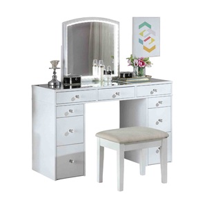 Modern Hotel <b>Vanity</b> Set 3mm Mirror LED <b>Lights</b> Storage Drawers Wooden Glides White Finish Stool Included Bedroom Furniture - Product Image 3