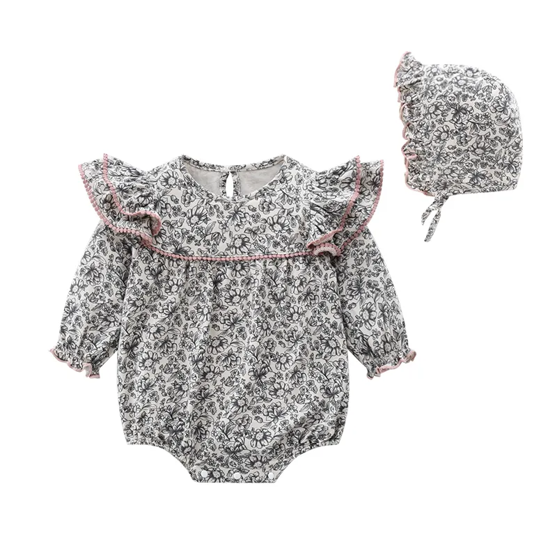 Wholesale soft modal fabric newborn jumpsuits clothes kids clothing, fashion long sleeve floral baby girls rompers with hat