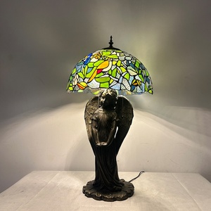 LongHuiJing European Unique Stained Glass Table Lamp with 16-Inch Wide Lamphade Simple Eco-Friendly Design E26 LED Desk Lamp - Product Image 1