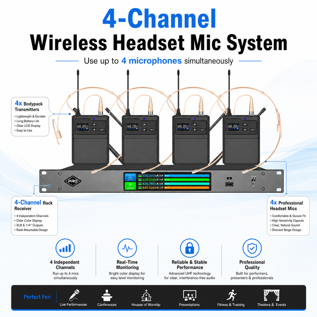 X4-T 4 Channel UHF True Diversity Wireless Headset Microphone System Headsets Mic for Stage Performance,Speech,Singing