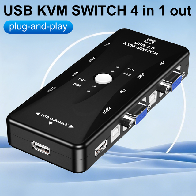 4-Port USB 2.0 KVM Switch, 4 in 1 Out VGA KVM Switch for 4 PCs Sharing 1 Monitor/Keyboard/Mouse
