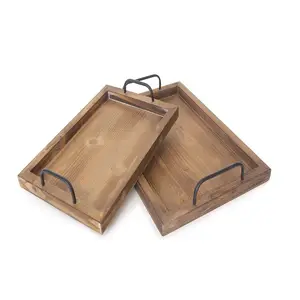 Vintage Food Serving Trays (Set of 2) | Nesting Wooden Board with Metal Handles | Stylish Farmhouse Decor Serving Platters