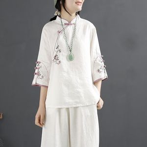 Chinese Style Cotton Linen Shirt Women Spring Summer Stand Collar Frog Button Embroidered Tea Dress Pink White Blue Yellow - Product Image 4
