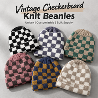 Bonnet tricoté unisexe vintage à motif damier, chaud pour l'automne et l'hiver, avec bord roulé, personnalisable avec logo et couleur