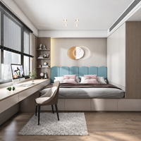 Ensemble de meubles sur mesure pour chambre à coucher, intégrant armoire, lit, bureau, armoire murale, bibliothèque et rangements, pour une optimisation de l'espace.
