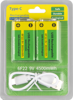 Baterai Lithium 9V 3600mAh isi ulang Port TYPE-C dengan kabel USB Tipe C