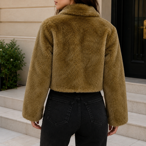 Abrigo corto casual de invierno para mujer, cálido, con cuello mandarín, de una sola botonadura, de piel sintética, teñido liso, holgado, estilo Teddy - Product Image 6