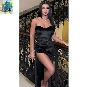 New Trendy Velvet Strapless dresses Black Draped Slit Elegant Sexy Bodycon Maxi Prom Dress