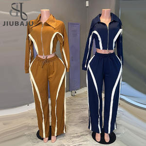 カラーパッチワーク2ピースセット女性ジップフルスリーブクロップトップ + ドローストリングパンツカジュアルスポーティスーツ - Product Image 1