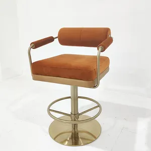 Yüksek kaliteli metal sandalyeler mutfak için turuncu kadife barchairs İskandinav lüks altın paslanmaz çelik döner bar tabureleri kolları ile