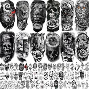 Tatuajes temporales de Halloween de manga de medio brazo grande, diseños de rosas de flor de lobo de <span class=keywords><strong>calavera</strong></span> negra realista para hombres y mujeres, tatuajes - Product Image 2