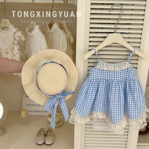 Tongxingyuan Girls Blue Gingham Spaghetti Strap Dress With Lace Trim Summer Breathable Sleeveless Dress For Children - Product Image 1