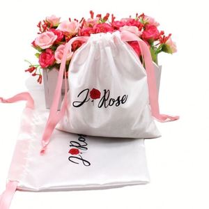 Bolsa de Satén Blanca Personalizada con Cordón para Extensiones de Cabello y Pelucas, Empaque Promocional para Paquetes de Cabello Humano para Regalos - Product Image 1