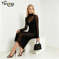 Robe moulante mi-longue noire à col roulé avec superposition en maille, fabrication OEM sur mesure pour femmes, vente en gros, fabrication sous marque privée