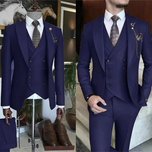 Nouveau costume trois pièces pour <span class=keywords><strong>homme</strong></span> de fabrication chinoise, <span class=keywords><strong>bleu</strong></span> uni, à revers plat, pour usage quotidien et formel, comprenant veste, pantalon, à <span class=keywords><strong>carreaux</strong></span> et à pois - Product Image 4