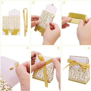 B643 Gold Yellow Ribbon Candy Boxes Wedding Favor Bag Cake Party Decoración Pascua Venta al por mayor Papel plegable Wedding Sweet Boxes - Product Image 4