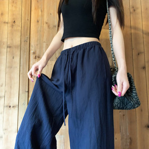 <span class=keywords><strong>Pantaloni</strong></span> Larghi a Vita Alta in Poliestere-Lino-Viscosa <span class=keywords><strong>Blu</strong></span> Navy, Leggeri e Comodi per l'Estate, con Drappeggio Rilassato - Product Image 1