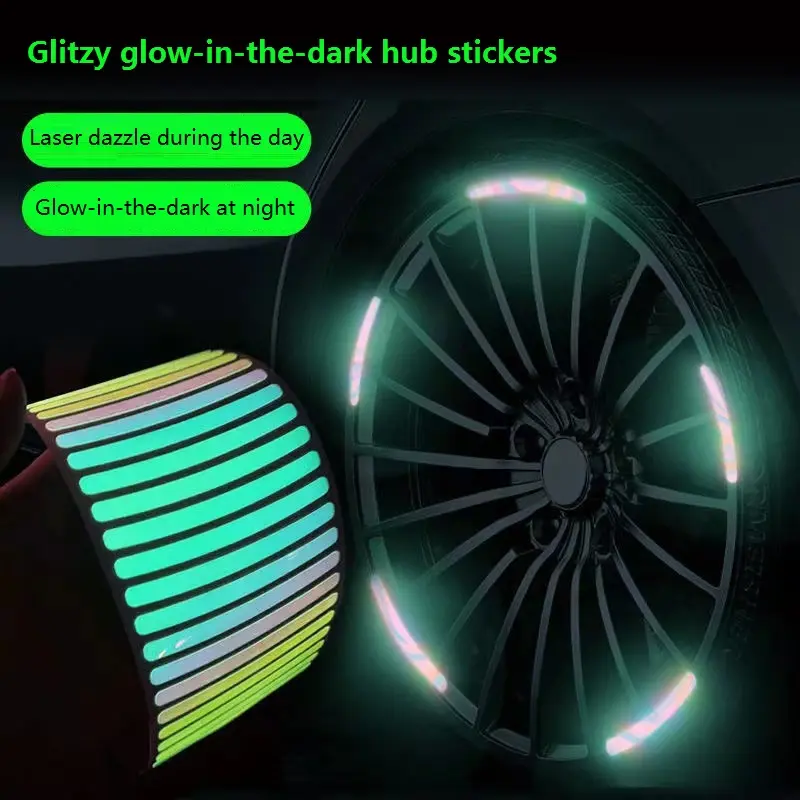 Roda automotiva refletiva colorida a laser, brilha no escuro, anti-colisão, adesivos criativos personalizados
