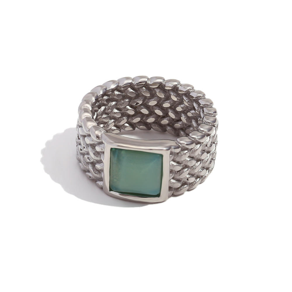 Woven square natural stone ring - steel color