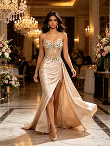 Abito da ballo <span class=keywords><strong>a</strong></span> <span class=keywords><strong>sirena</strong></span> color oro champagne, direttamente dalla fabbrica, <span class=keywords><strong>con</strong></span> corsetto trasparente, ricami 3D di paillettes, in raso, <span class=keywords><strong>con</strong></span> <span class=keywords><strong>spacco</strong></span> alto e allacciatura posteriore. - Product Image 2