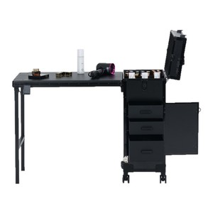 Chariot de salon Obox, valise de maquillage portable à 4 roues avec miroir lumineux, couleur unie noire - Product Image 4